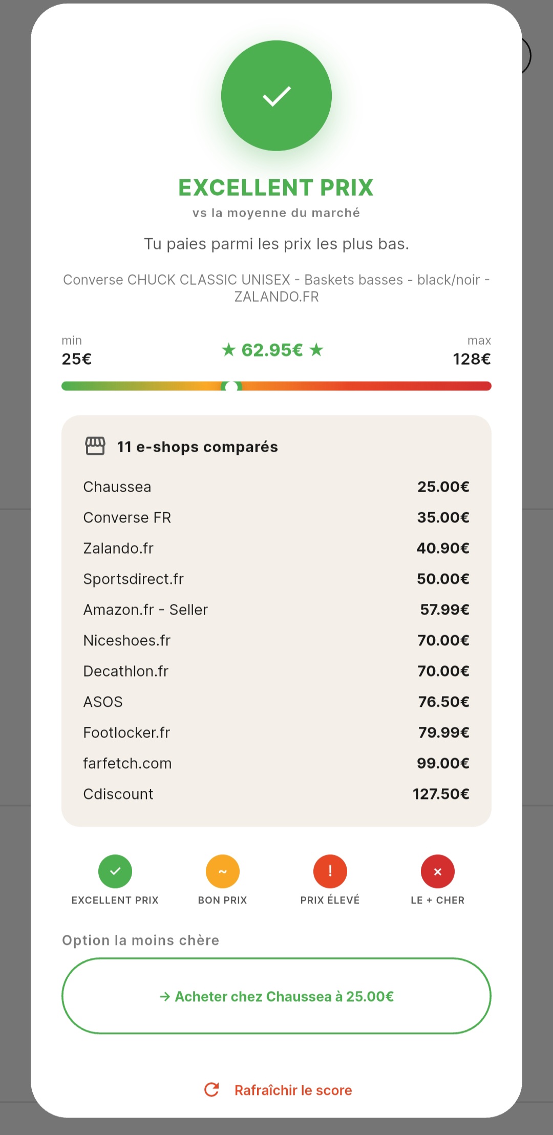 Modale Deal Score de mosc affichant la comparaison de prix entre 11 e-shops